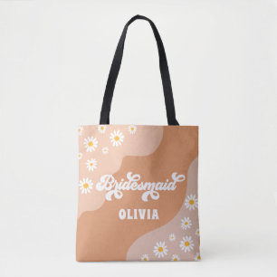 Retro Boho Daisy Personalised Bridesmaid Gift Tote Bag