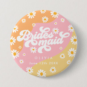 Retro Boho Daisy Personalized Bridesmaid Gift  7.5 Cm Round Badge