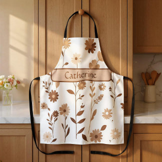 Retro Boho Earthy Floral Custom Name Apron