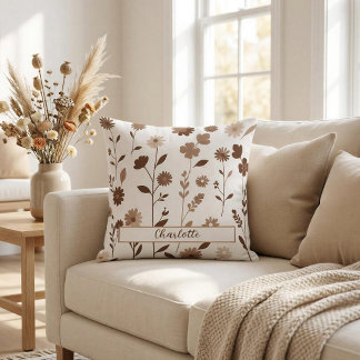 Retro Boho Earthy Floral Custom Name Throw Pillow