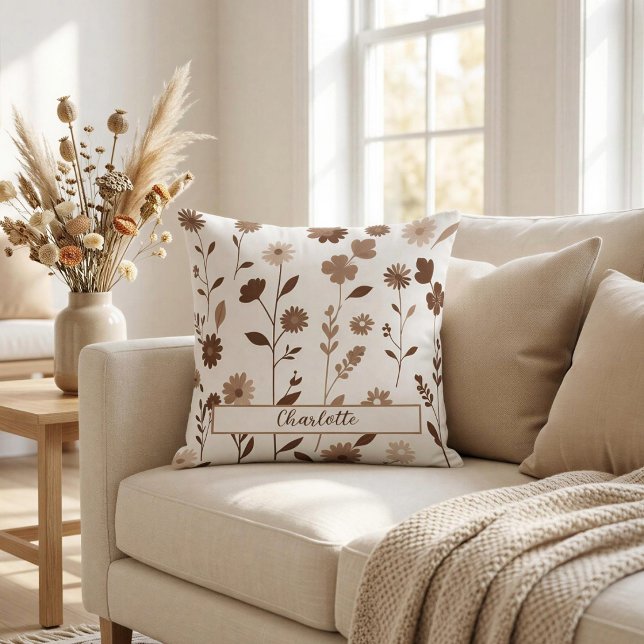 Retro Boho Earthy Floral Custom Name Throw Pillow (Creator Uploaded)