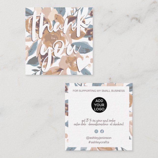 Retro boho earthy floral order thank you square business card (Front/Back)