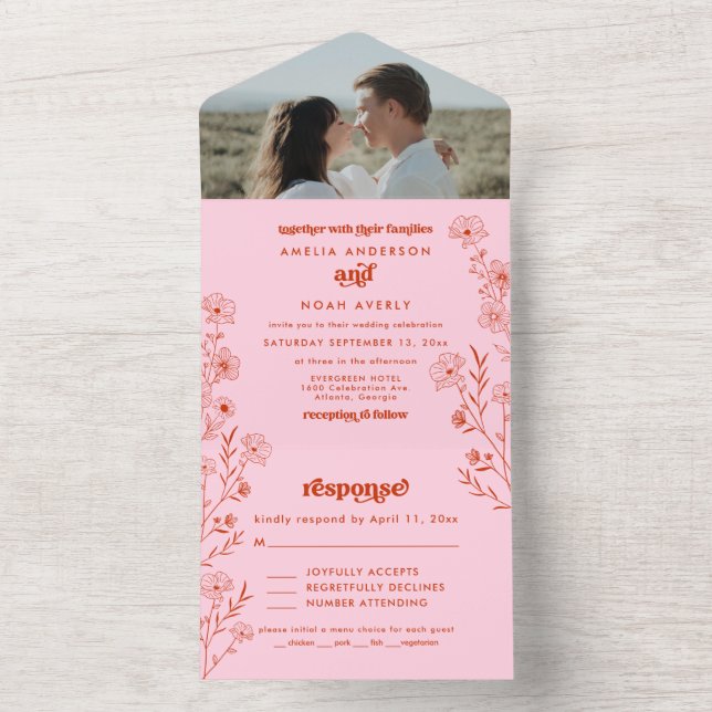 Retro Boho Floral All In One Wedding Invitation (Inside)