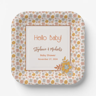 Retro Boho Floral Baby Shower Gender Neutral Paper Plate