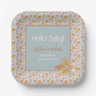 Retro Boho Floral Baby Shower Gender Neutral Paper Plate