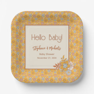 Retro Boho Floral Baby Shower Gender Neutral Paper Plate