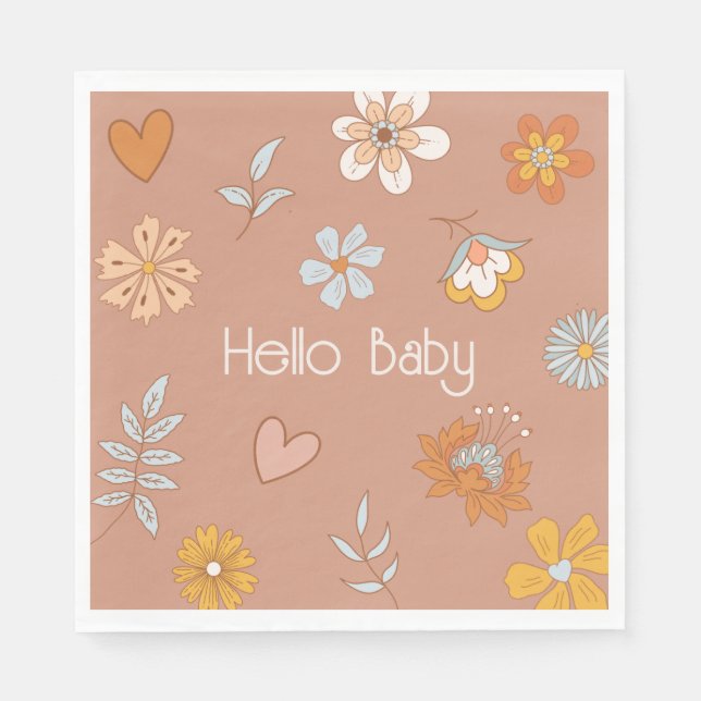 Retro Boho Floral Baby Shower Hello Baby Tableware Napkin (Front)