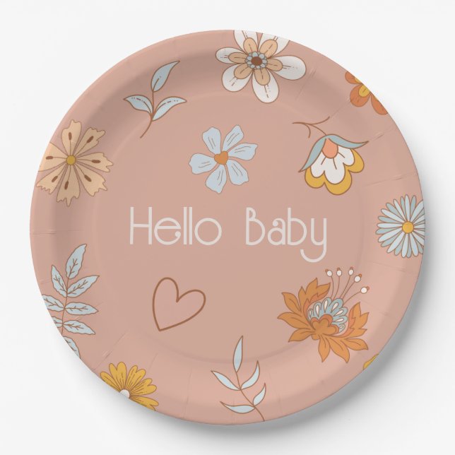 Retro Boho Floral Baby Shower Hello Baby Tableware Paper Plate (Front)