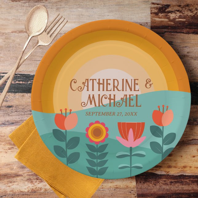 Retro Boho Floral Bold & Bright Colourful Wedding Paper Plate (Creator Uploaded)