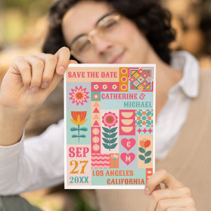 Retro Boho Floral Bold & Bright QR Code Wedding Save The Date