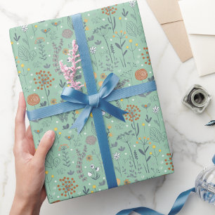 Retro Boho Floral Botanical Mint Green Wrapping Paper