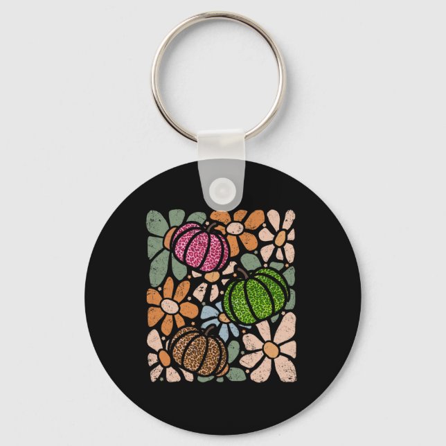 Retro Boho Floral Fall Pumpkin Autumn Thanksgiving Key Ring (Front)