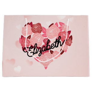Retro Boho Floral I Heart Name calligraphy text  Large Gift Bag