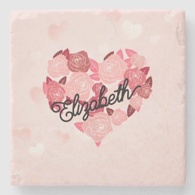 Retro Boho Floral I Heart Name calligraphy text  Stone Coaster (Front)