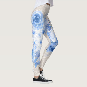 Retro Boho Floral Leggings for Women Blue Flowers