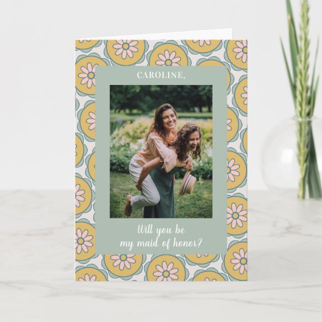 Retro Boho Floral Pastel Bridesmaid Photo Proposal Card (Front)