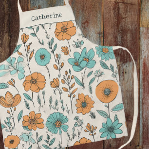 Retro Boho Floral Pastel Name Apron