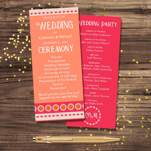 Retro Boho Floral Pink & Orange Colourful Wedding Programme (Creator Uploaded)