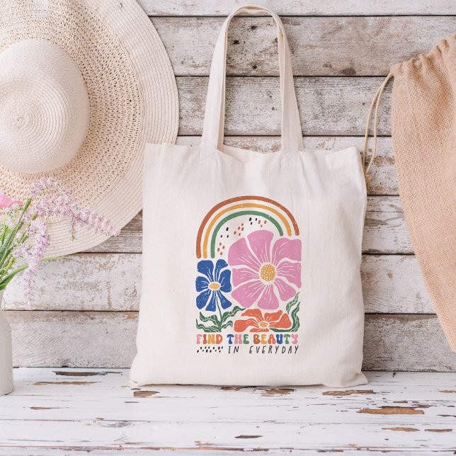 Retro Boho Floral Rainbow Inspiration Quote Tote Bag (Creator Uploaded)
