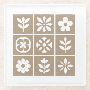 Retro Boho Floral Warm Brownish Pink Glass Coaster