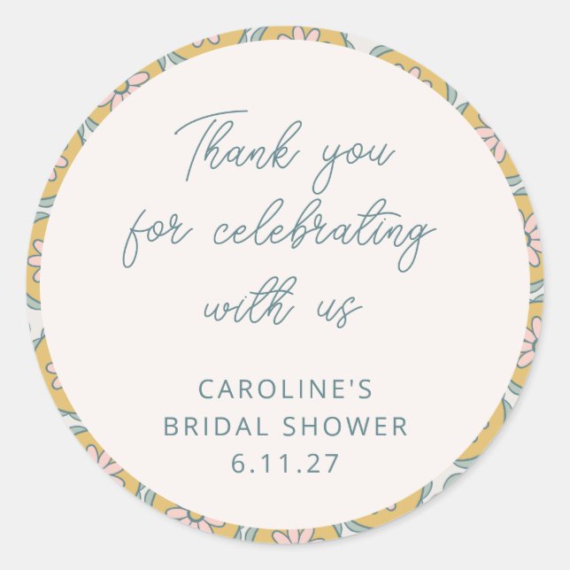 Retro Boho Floral Yellow Custom Shower Thank You Classic Round Sticker (Front)
