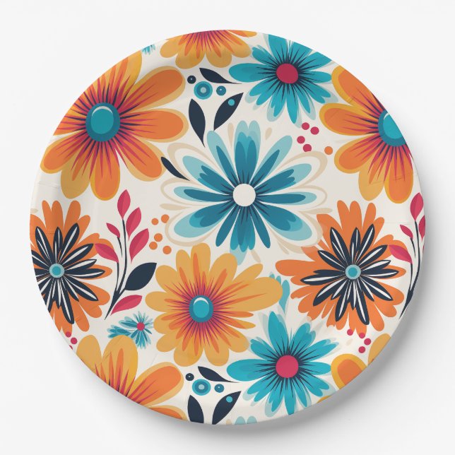 Retro Boho Flower Paper Plate (Front)
