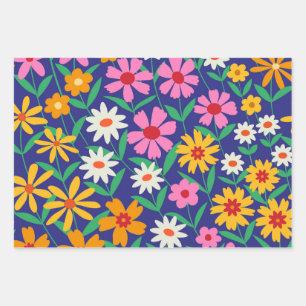 Retro boho flowers garden on navy blue  wrapping paper sheet