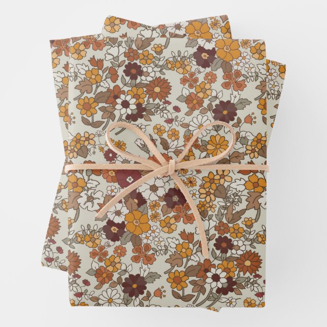 Retro Boho Flowers Pattern  Wrapping Paper Sheet (In situ)