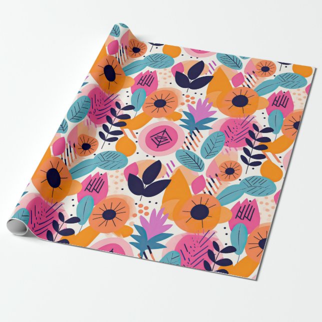 Retro Boho Folk Art Style Whimsical Floral Gift Wrapping Paper (Unrolled)