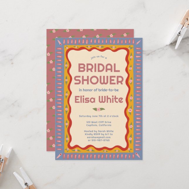 Retro Boho Fun Handmade CUSTOM Bridal Shower  Invitation (Front/Back In Situ)