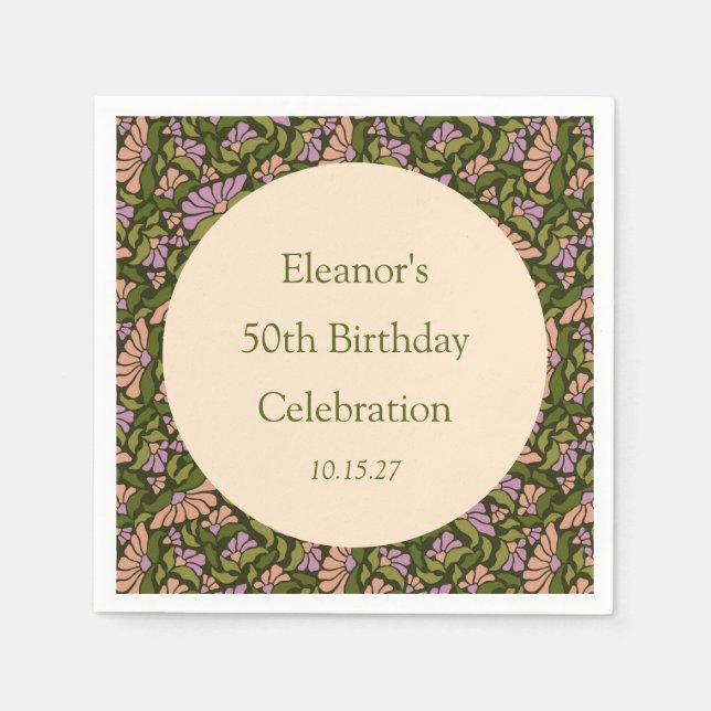 Retro Boho Green Cute Floral Custom 50th Birthday Napkin (Front)