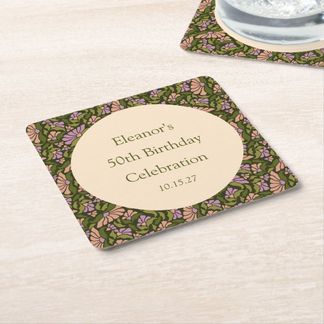 Retro Boho Green Cute Floral Custom 50th Birthday Square Paper Coaster (Angled)