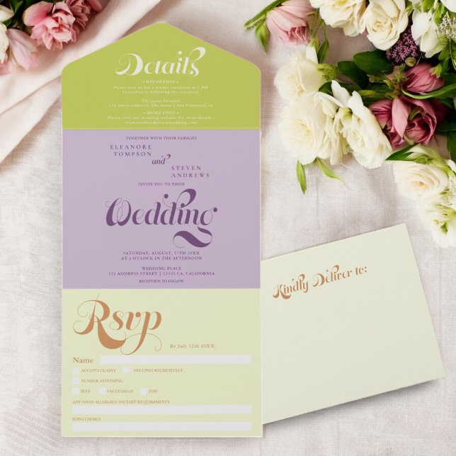 Retro boho green purple script chic wedding all in one invitation (Retro boho green purple script chic wedding all in one invitation)