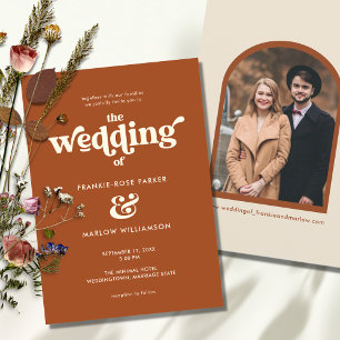 Retro Boho Groovy Arched Photo Wedding Invitation