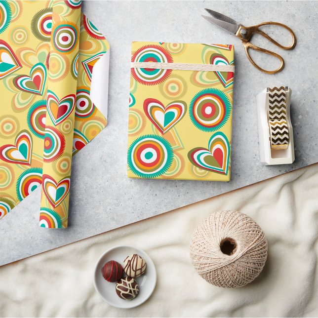 Retro Boho Hearts and Circles 70s Groovy Pattern  Wrapping Paper (Creator Uploaded)