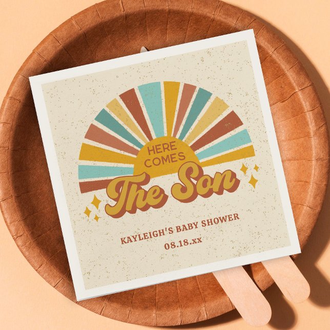 Retro Boho Here Comes the Son Baby Shower Napkin (Creator Uploaded)