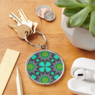 Retro Boho Hippie Green Clover Psychedelic Mandala Key Ring