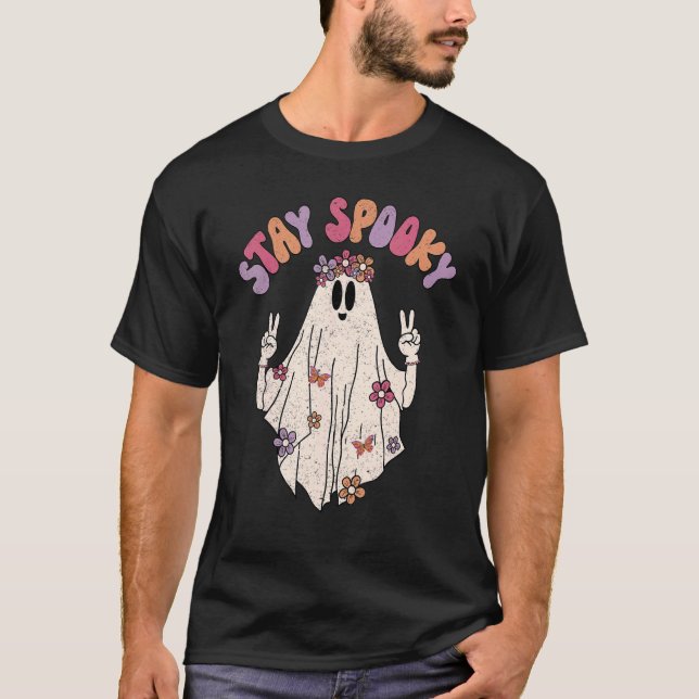 Retro Boho Hippie Stay Spooky Floral Ghost Hallowe T-Shirt (Front)