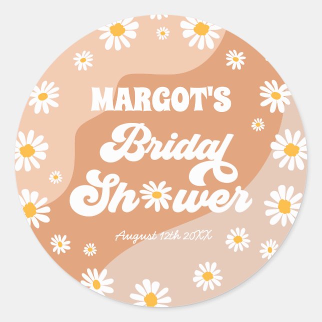 Retro Boho Hippy Daisy Bridal Shower Favour Classic Round Sticker (Front)