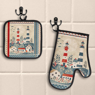 Retro Boho Lighthouse Nautical Oven Mitt & Pot Holder Set