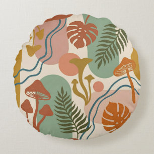 Retro Boho Mushroom & Botanical Earth Tones Round Cushion
