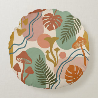 Retro Boho Mushroom & Botanical Earth Tones Round Cushion