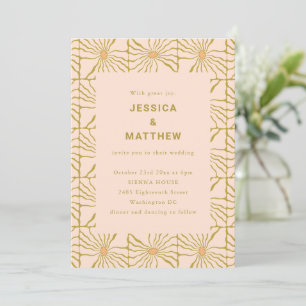 Retro Boho Mustard Floral Tile QR Code Wedding Invitation