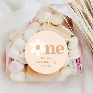 Retro Boho One Daisy First Birthday  Classic Round Sticker