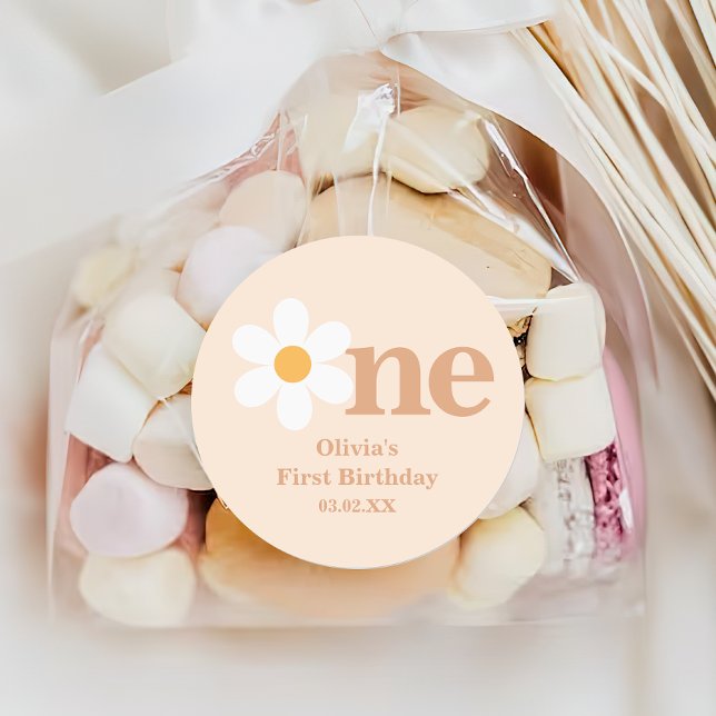 Retro Boho One Daisy First Birthday  Classic Round Sticker (Creator Uploaded)