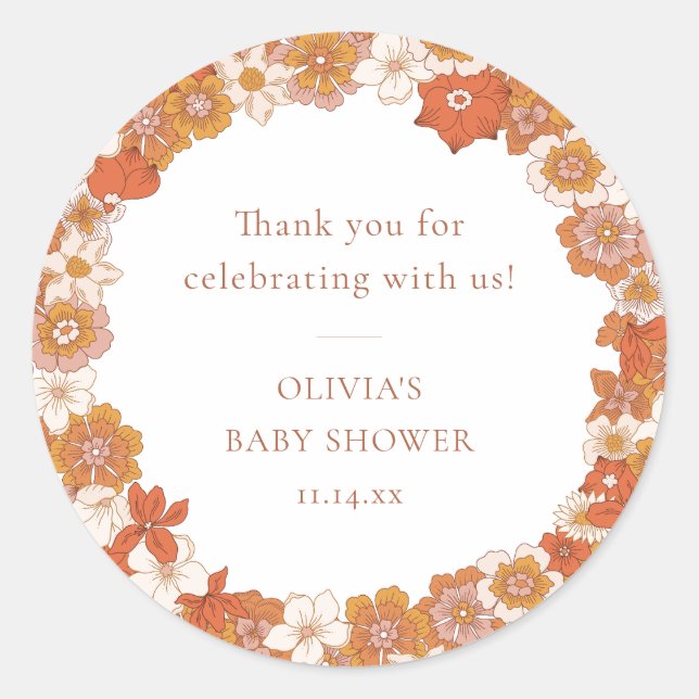 Retro Boho Orange Floral Baby Shower Thank You Classic Round Sticker (Front)
