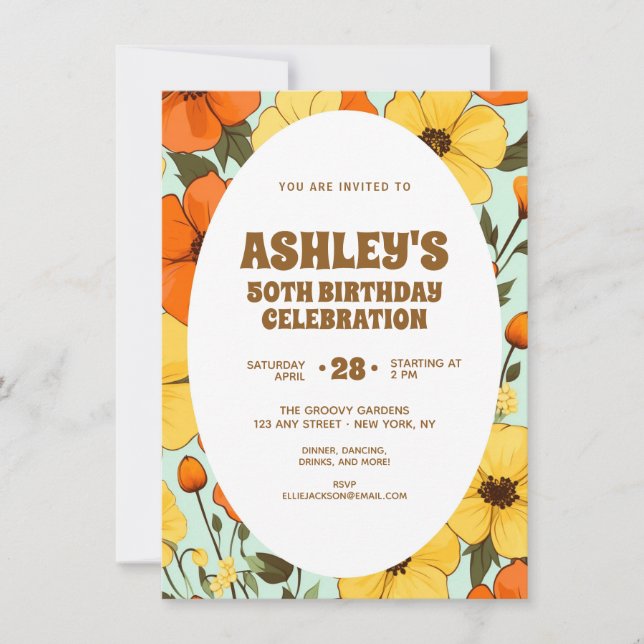 Retro Boho Orange Yellow Floral Cute Birthday  Invitation (Front)