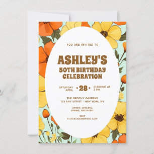 Retro Boho Orange Yellow Floral Cute Birthday Invitation