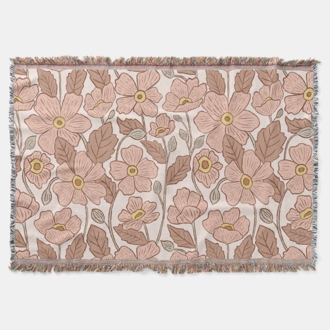 Retro Boho Pink Botanical Illustrated Floral  Throw Blanket (Front)