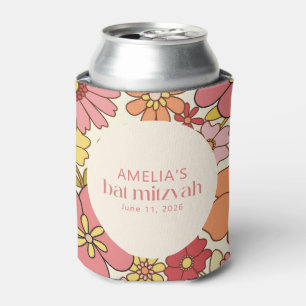 Retro Boho Pink Floral Groovy Bat Mitzvah Custom Can Cooler